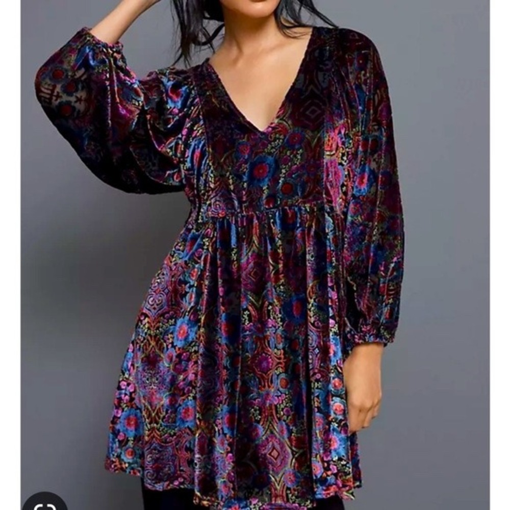 By Anthropologie Velvet Burnout Paisley Floral Empire Waist Mini Dress Medium